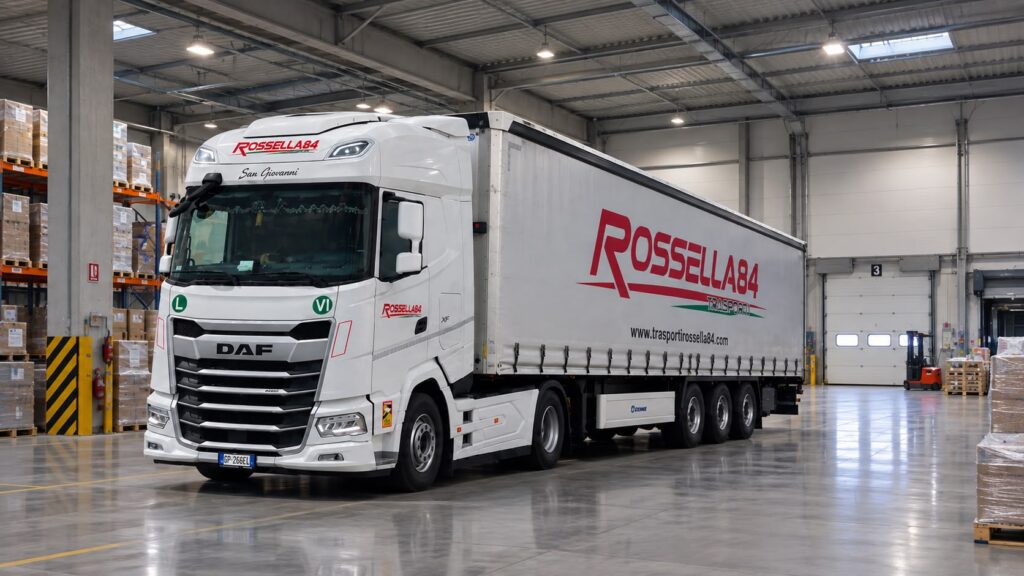 Camion DAF con semirimorchio centinato Trasporti Rossella 84 in magazzino