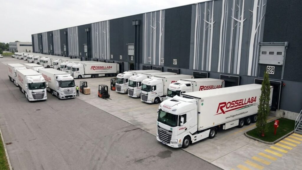 Veduta aerea del polo logistico Trasporti Rossella 84 con camion alle baie di carico